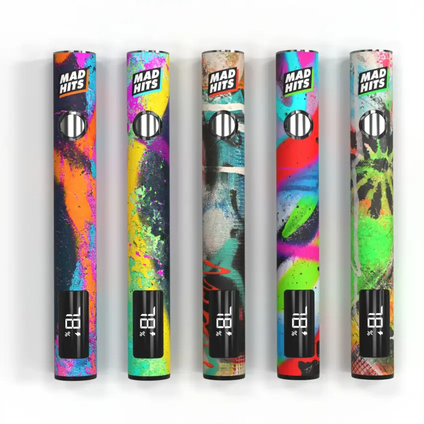 Mad Hits 510 thread battery designs with graffiti-inspired art styles and digital display screens for precise voltage control.