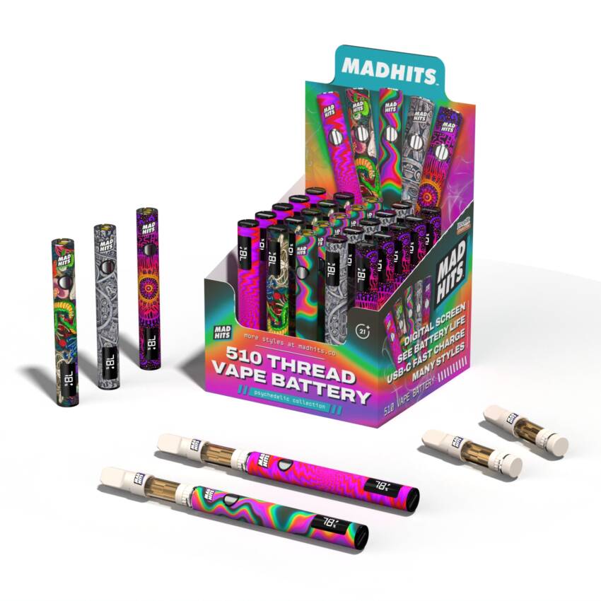 510 Vape Battery – Psychedelic 5 Designs (25ct) | USB-C Fast Charging & LED Screen