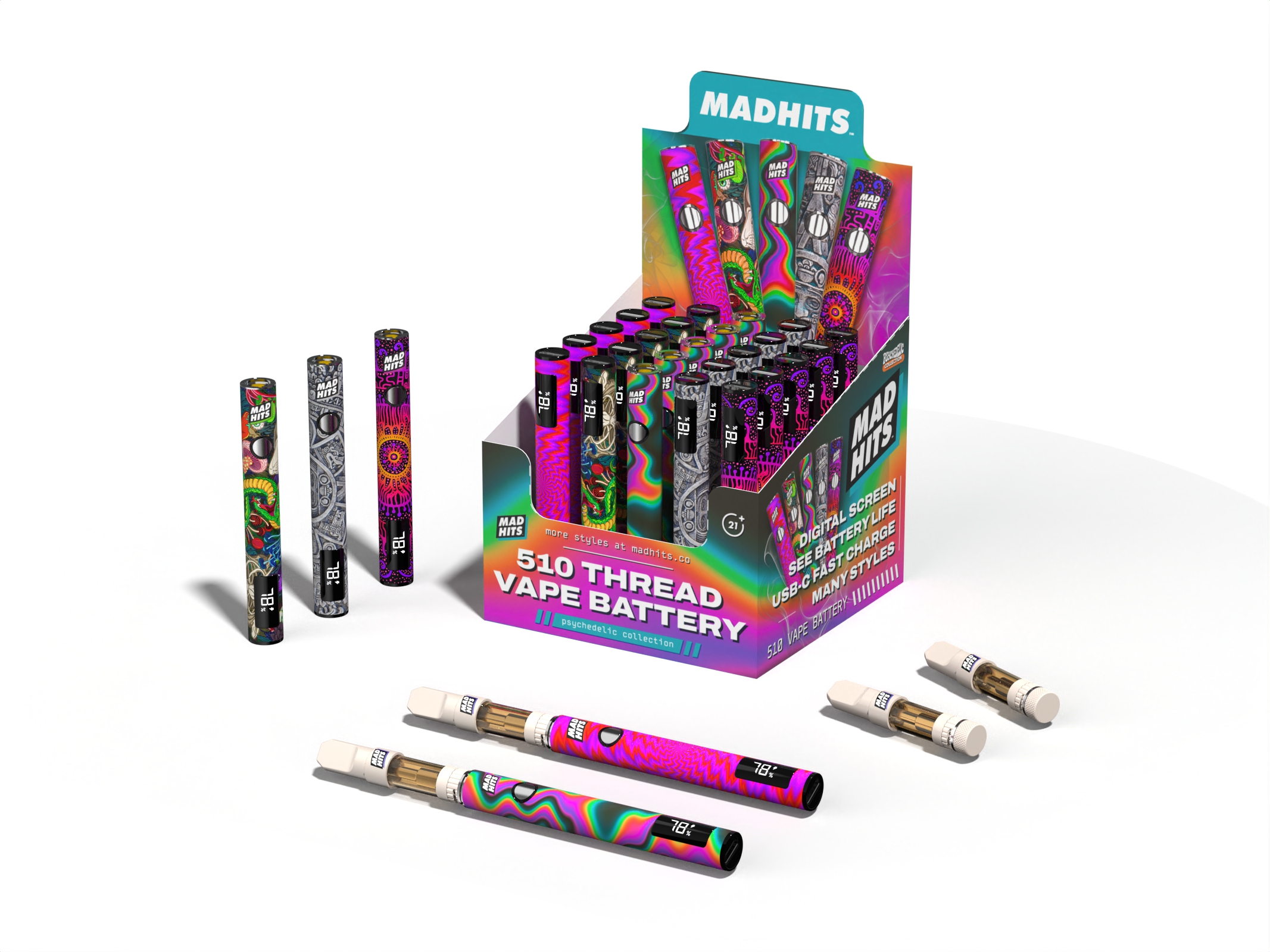 510 Vape Battery – Psychedelic 5 Designs (25ct) | USB-C Fast Charging & LED Screen